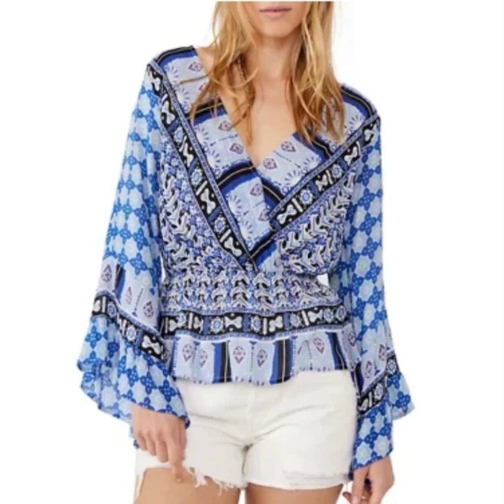 NWT FREE PEOPLE Rosalie Bell Sleeve Faux Wrap Top Indigo Blue Size Small S